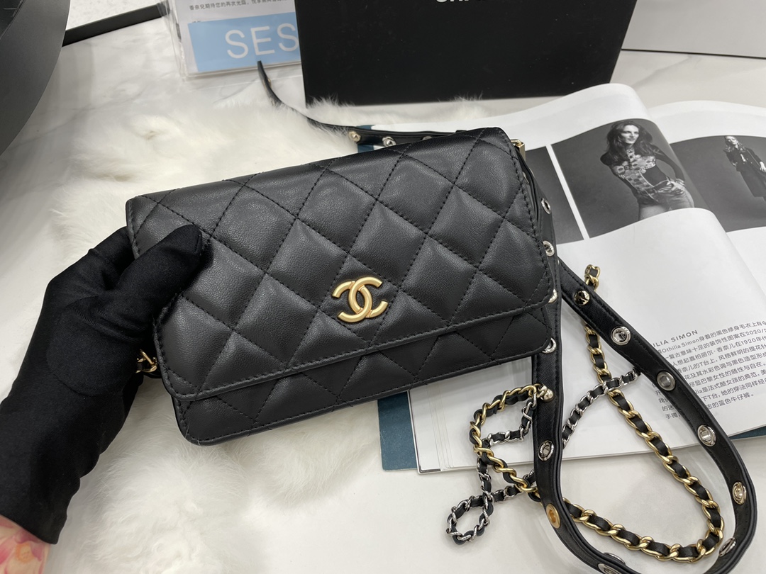 Unique Style Chanel Wallet On Chain Goatskin Gold-Tone  Silver-Tone  Ruthenium-Finish Metal Black  AP2548 Replica