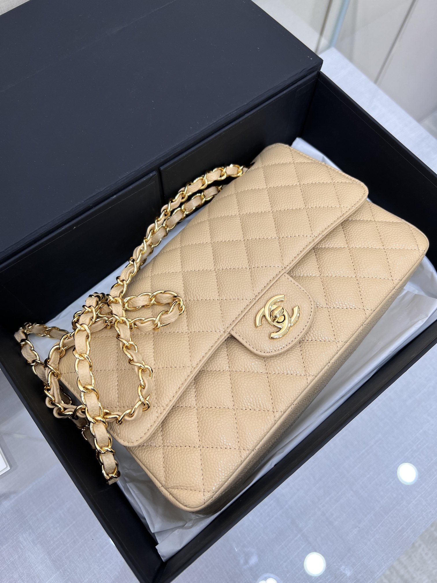 Upgraded Version Chanel CF 25cm With chip Caviar Cowhide Beige