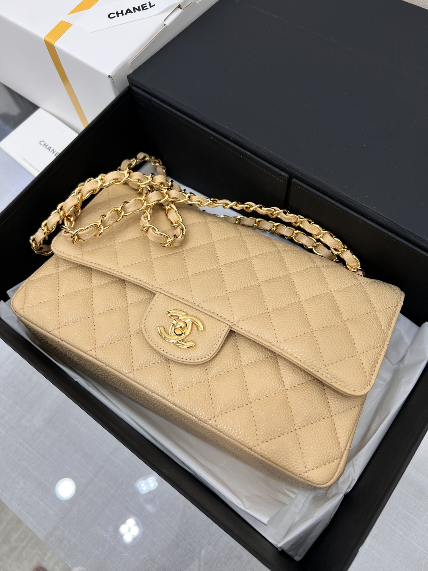 Upgraded Version Chanel CF 25cm With chip Caviar Cowhide Beige