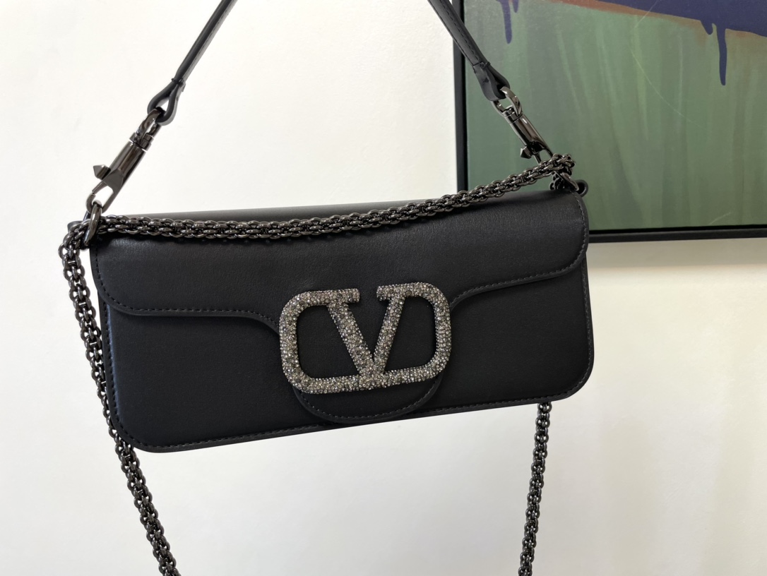 Valentino Garavani Loco Large Shoulder Bag in calfskin with VLogo with Crystals Black