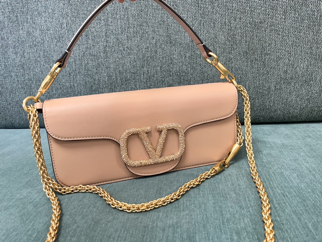 Valentino Garavani Loco Large Shoulder Bag in calfskin with VLogo with Crystals Nude