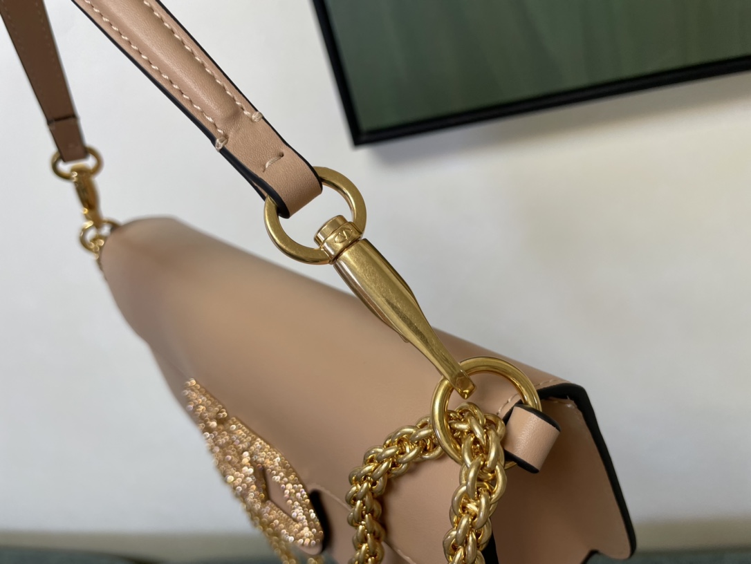 Valentino Garavani Loco Large Shoulder Bag in calfskin with VLogo with Crystals Nude