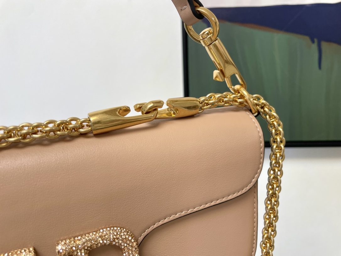 Valentino Garavani Loco Large Shoulder Bag in calfskin with VLogo with Crystals Nude