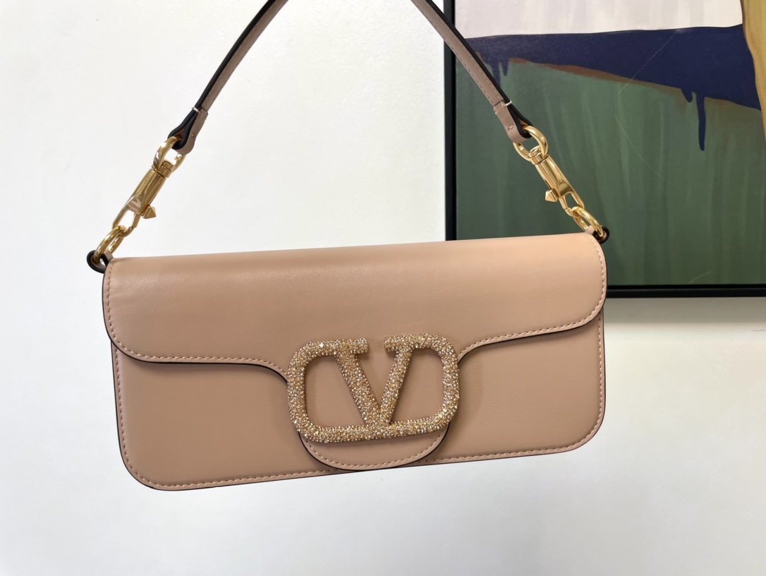 Valentino Garavani Loco Large Shoulder Bag in calfskin with VLogo with Crystals Nude