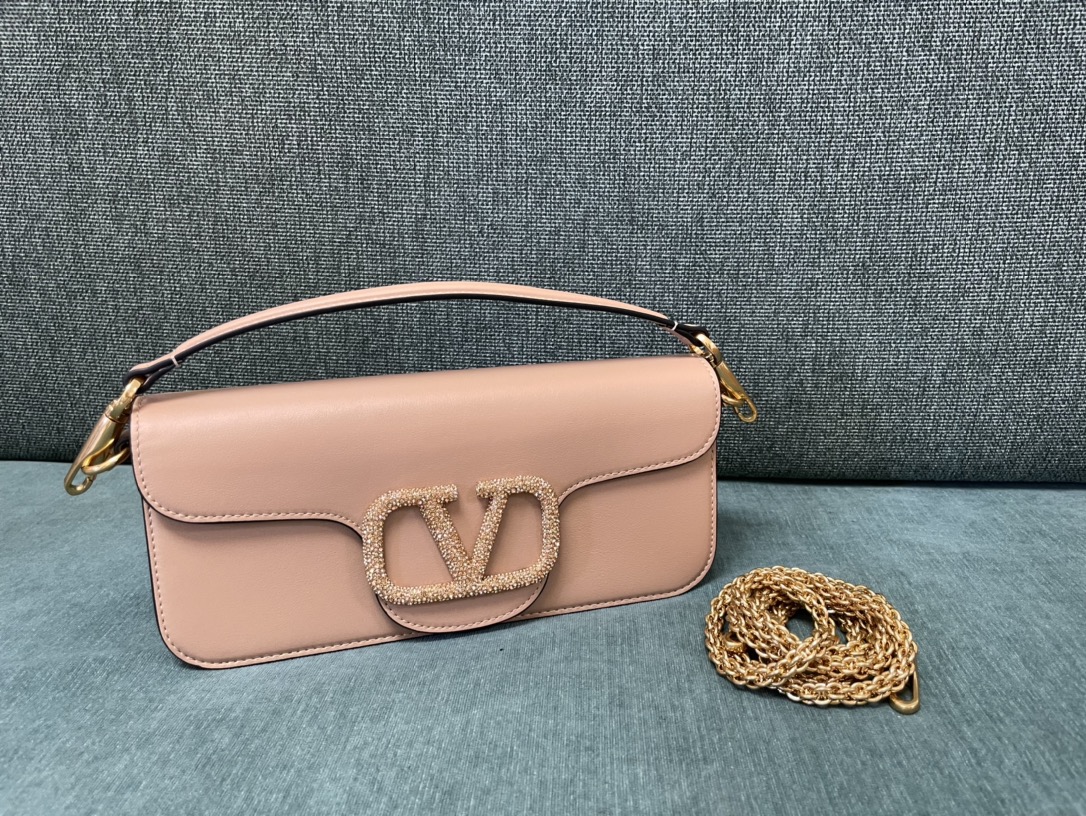 Valentino Garavani Loco Large Shoulder Bag in calfskin with VLogo with Crystals Nude