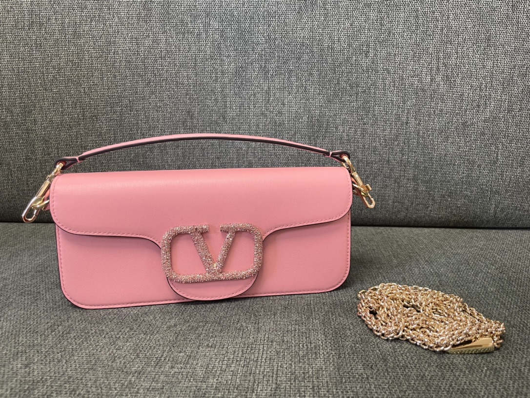 Valentino Garavani Loco Large Shoulder Bag in calfskin with VLogo with Crystals Pink