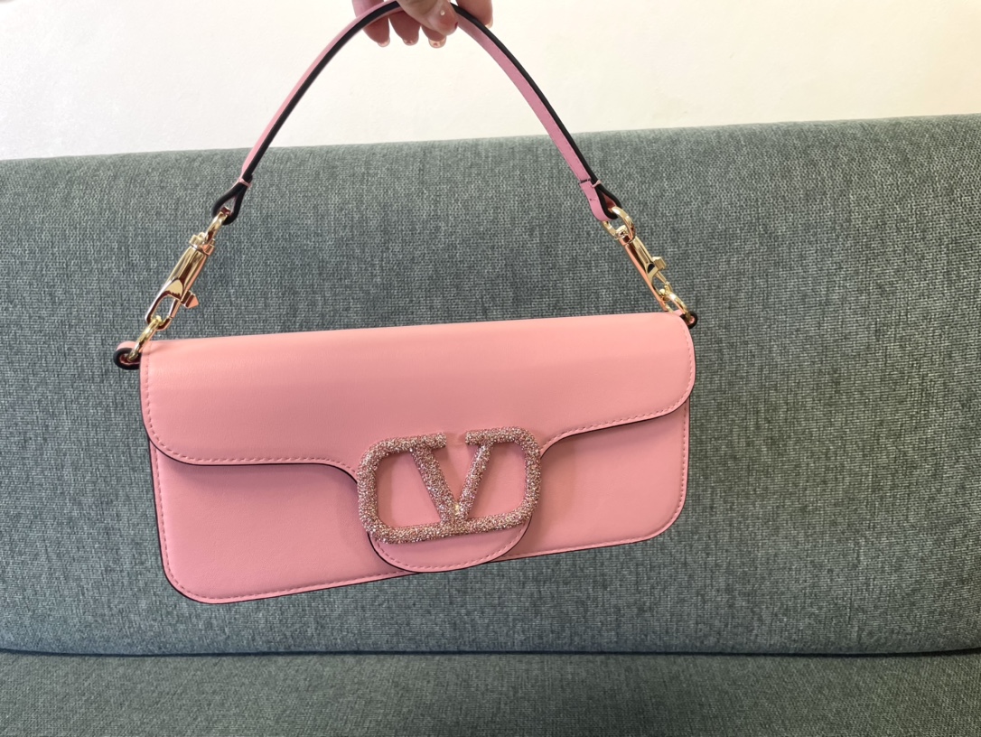 Valentino Garavani Loco Large Shoulder Bag in calfskin with VLogo with Crystals Pink