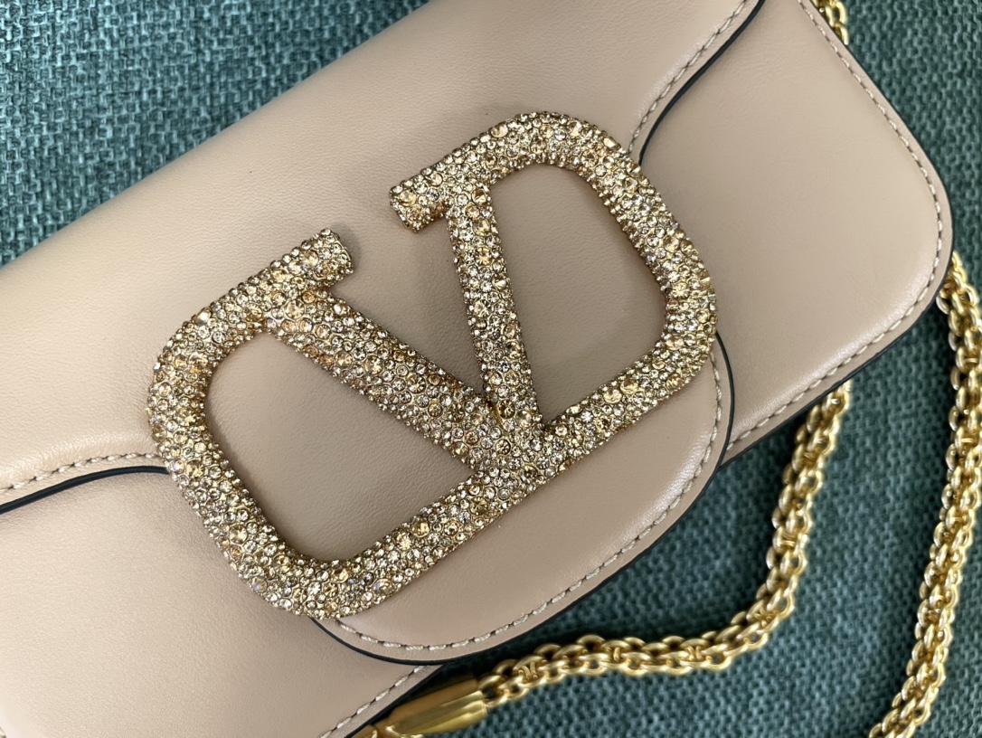 Valentino Garavani Loco Small Shoulder Bag in calfskin with VLogo with Crystals Nude