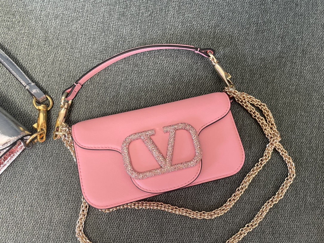 Valentino Garavani Loco Small Shoulder Bag in calfskin with VLogo with Crystals Pink