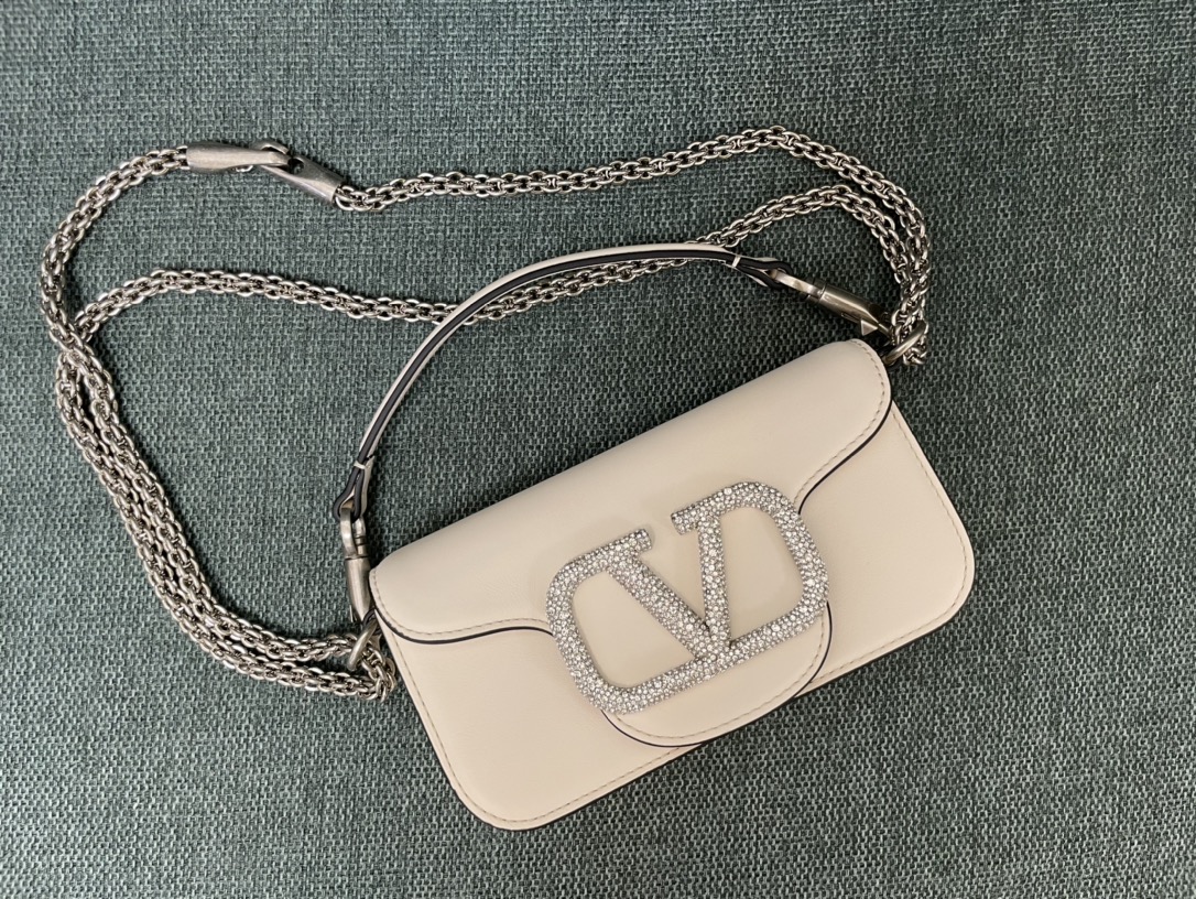 Valentino Garavani Loco Small Shoulder Bag in calfskin with VLogo with Crystals White