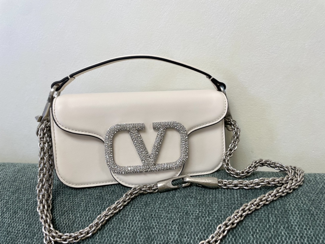 Valentino Garavani Loco Small Shoulder Bag in calfskin with VLogo with Crystals White