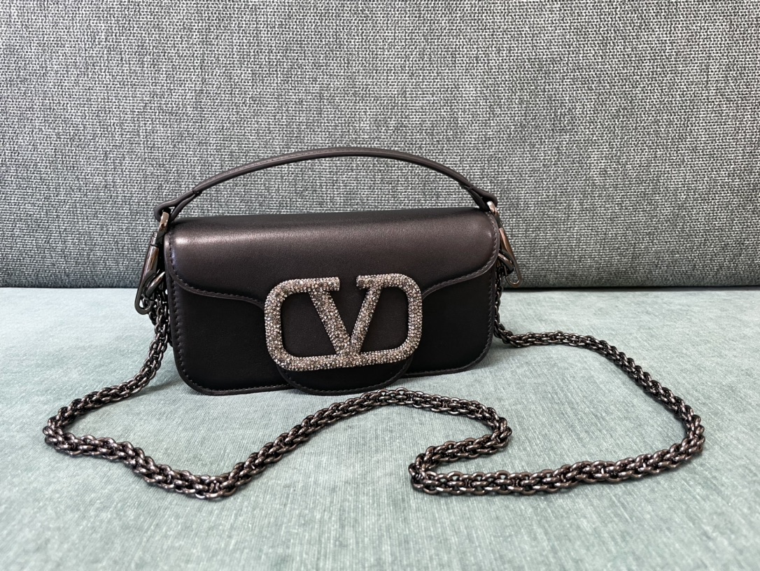 Valentino Garavani Loco Small Shoulder Bag in calfskin with VLogo with crystals Black