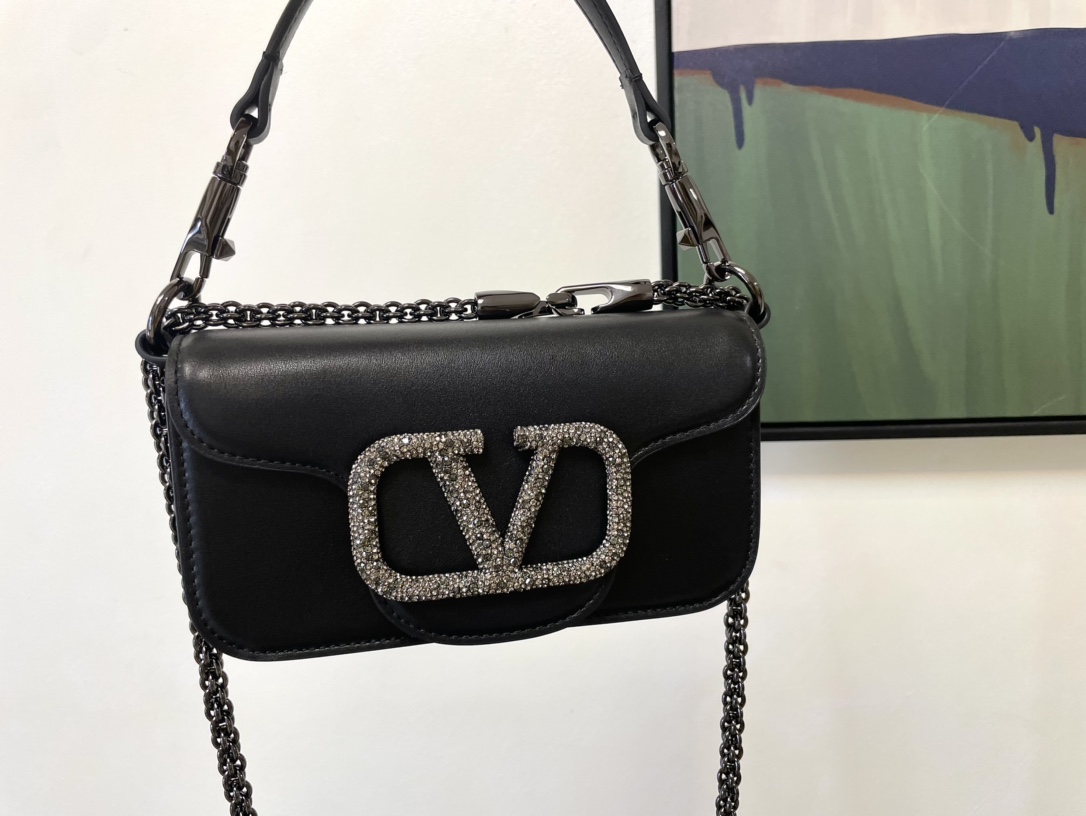 Valentino Garavani Loco Small Shoulder Bag in calfskin with VLogo with crystals Black