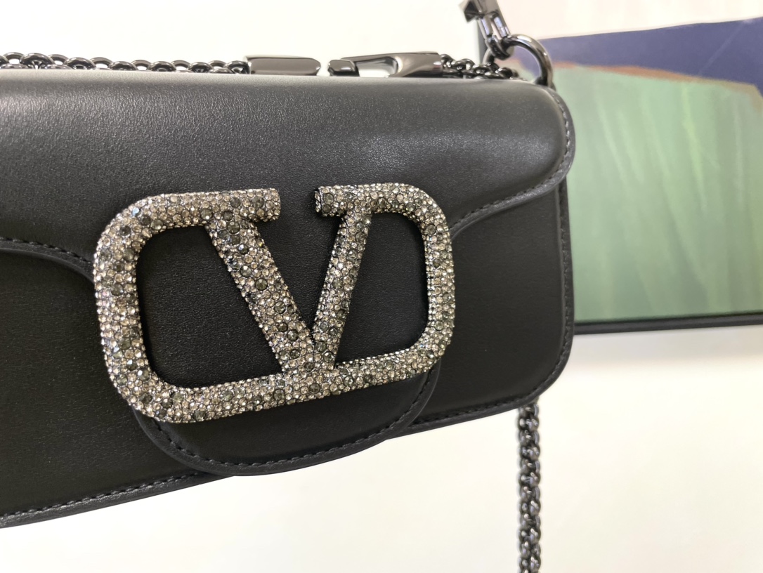 Valentino Garavani Loco Small Shoulder Bag in calfskin with VLogo with crystals Black