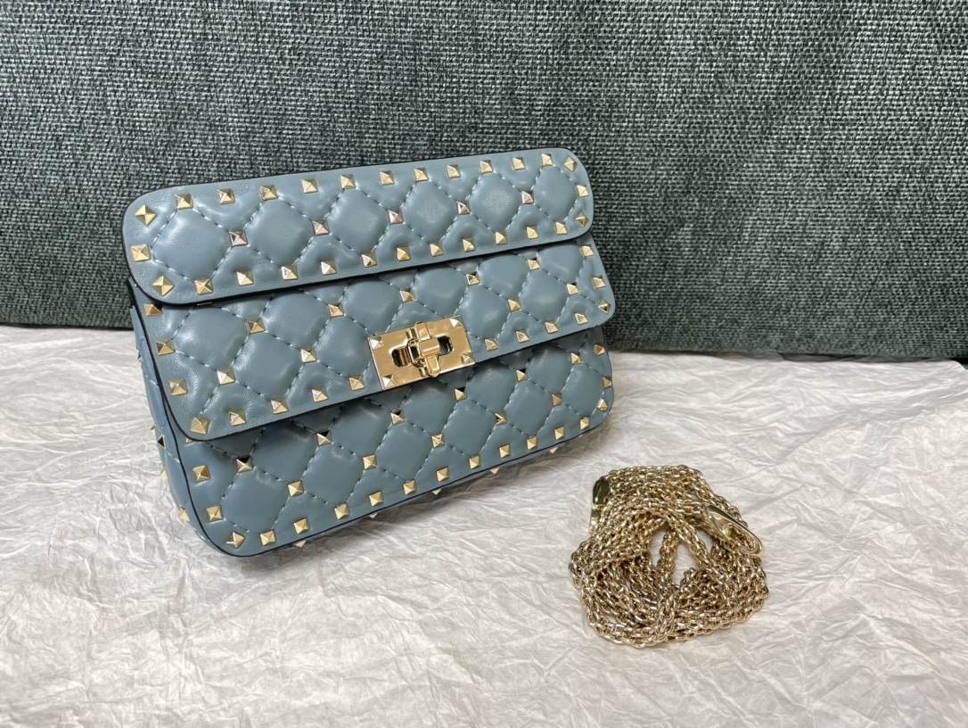 Valentino Rockstud Spike Calfskin Shoulder Bag Light Blue