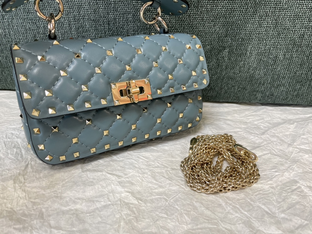 Valentino Rockstud Spike Calfskin Shoulder Bag Light Blue