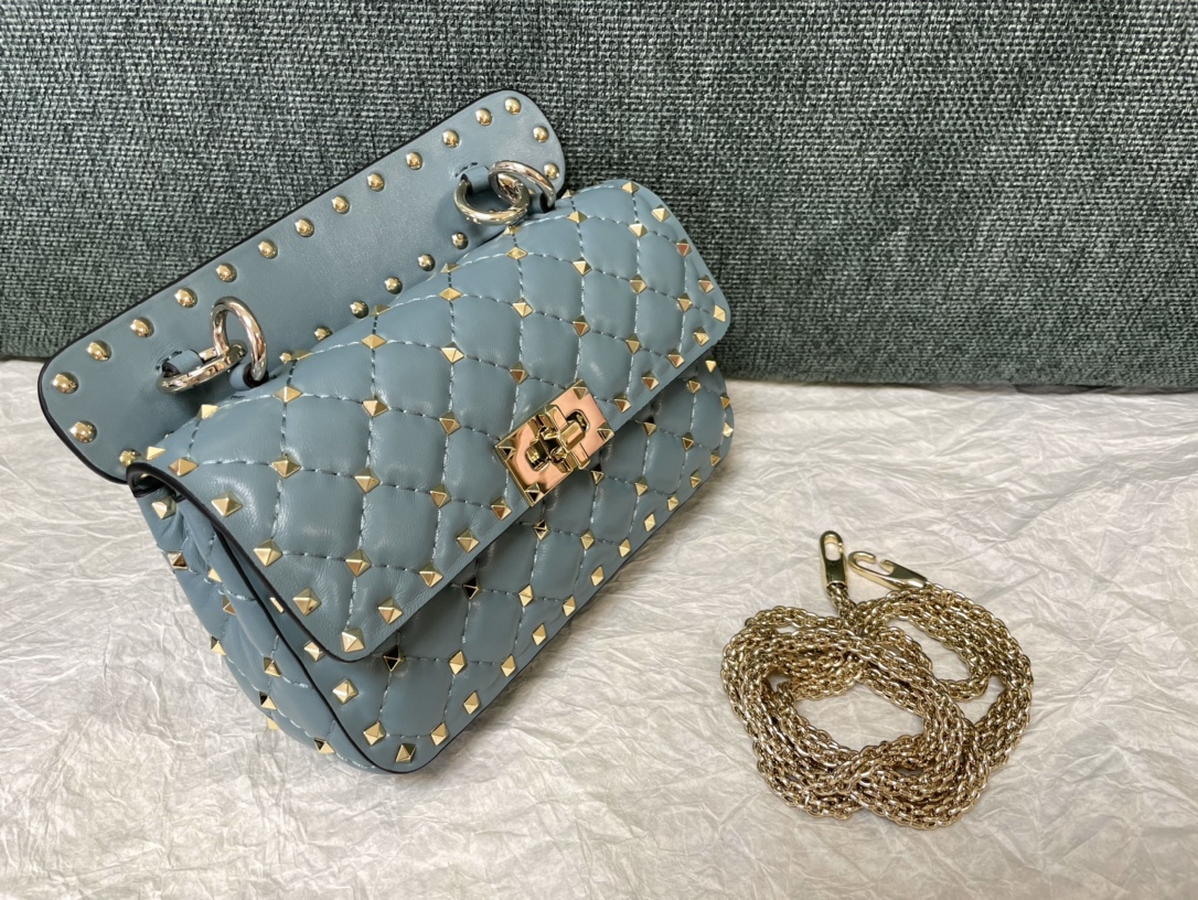 Valentino Rockstud Spike Calfskin Shoulder Bag Light Blue