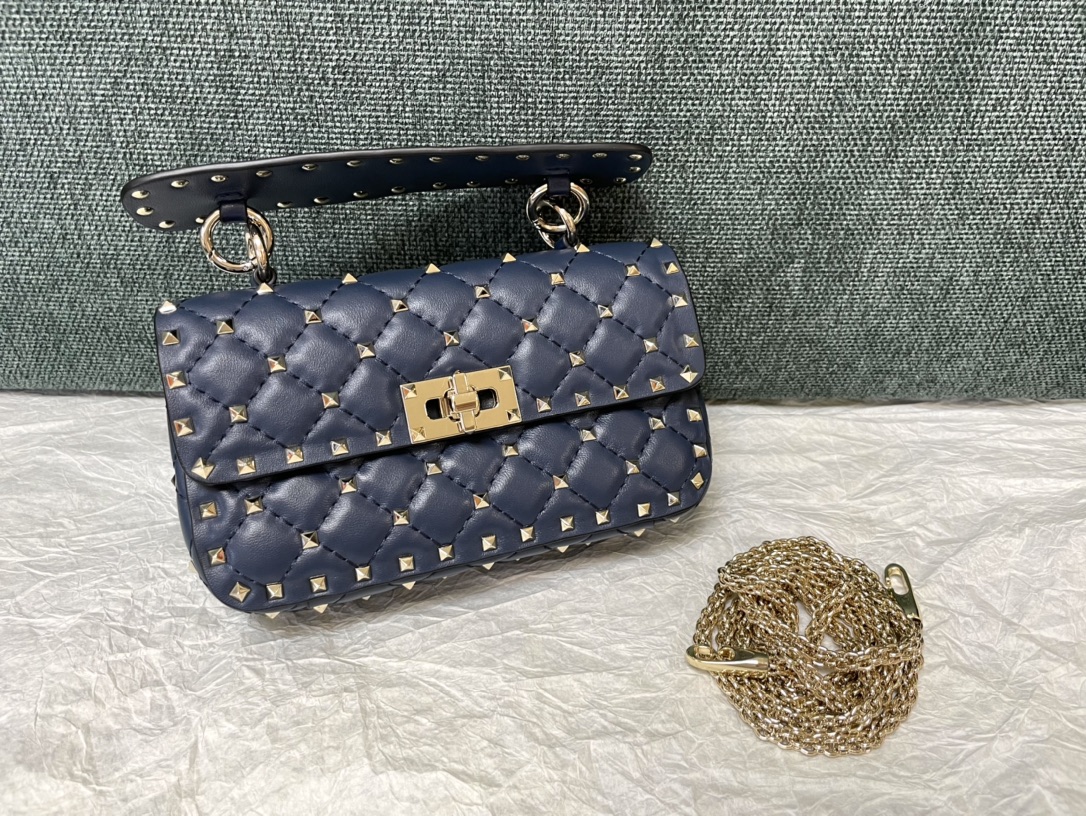 Valentino Rockstud Spike Calfskin Shoulder Bag Navy Blue