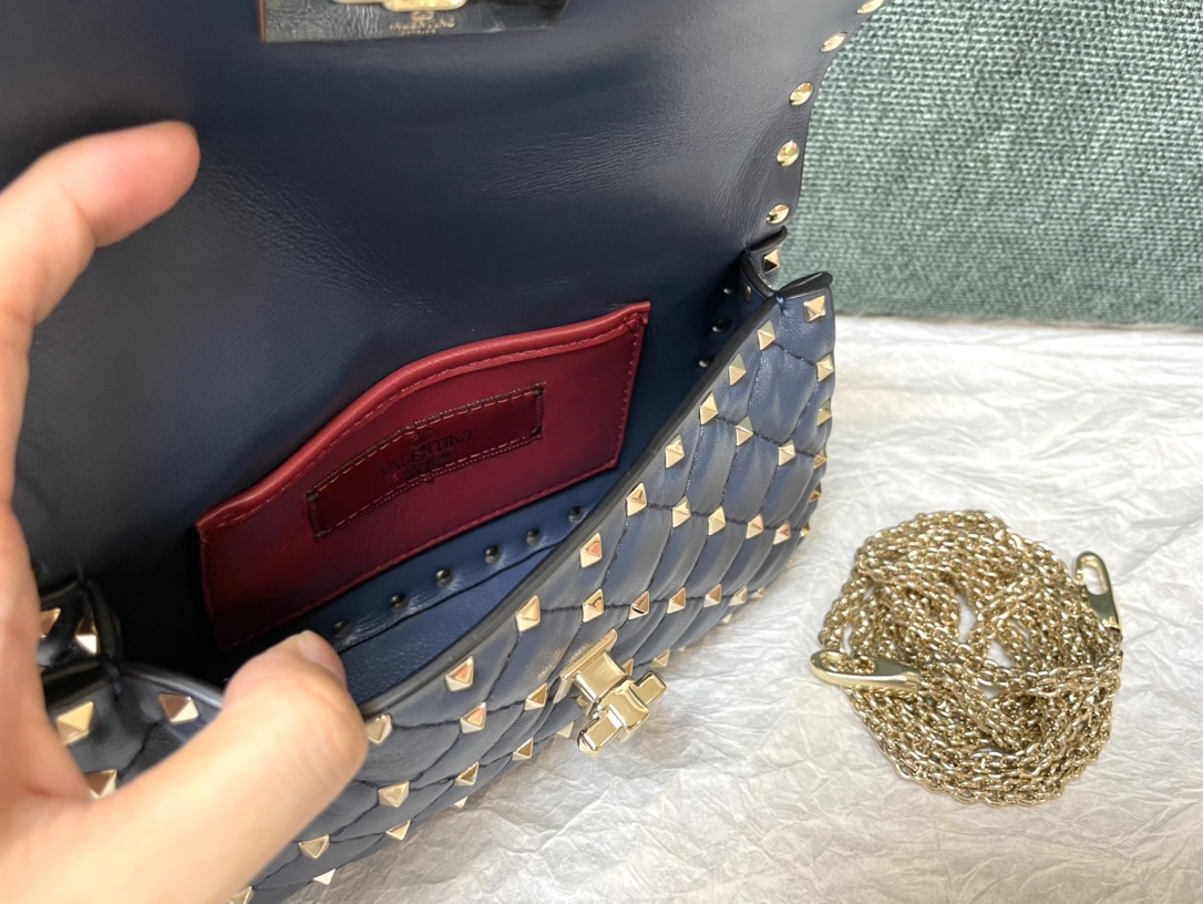 Valentino Rockstud Spike Calfskin Shoulder Bag Navy Blue