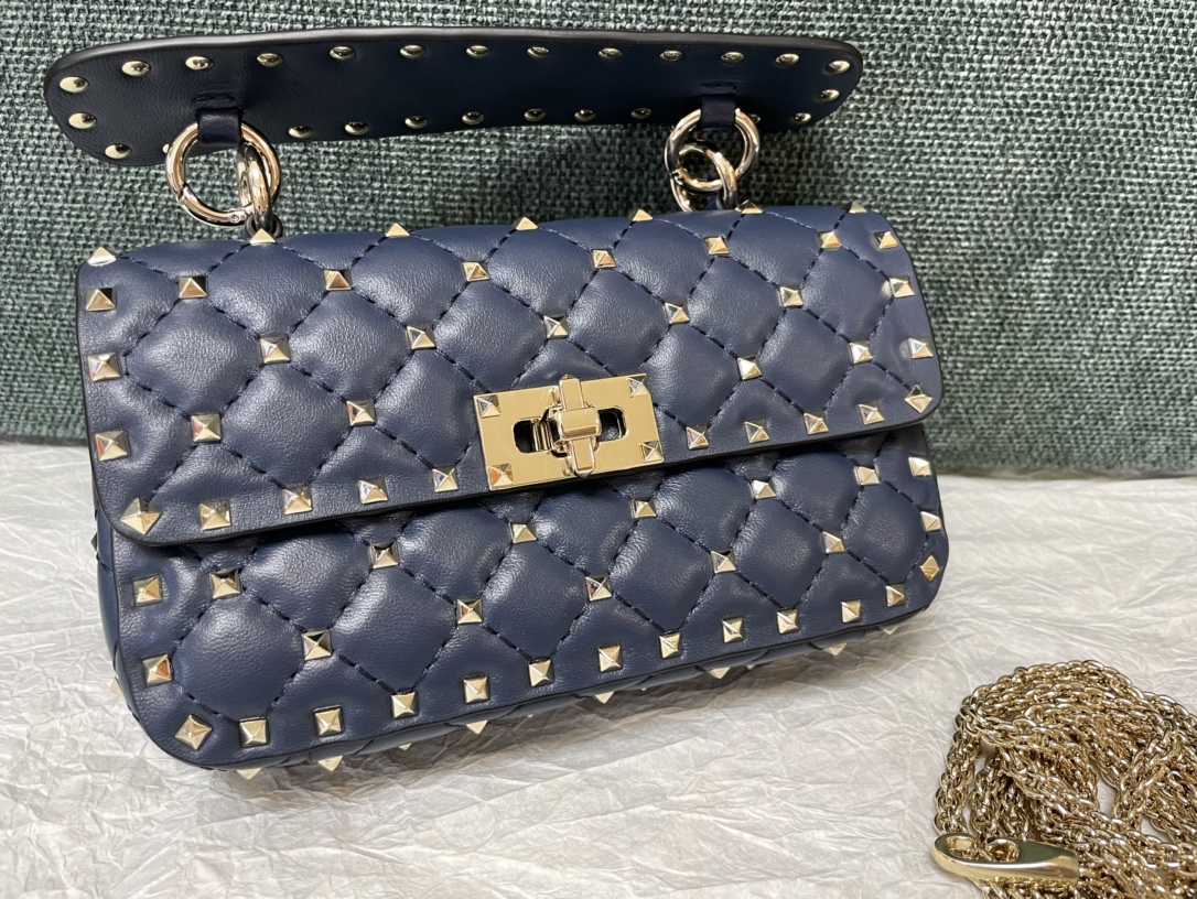 Valentino Rockstud Spike Calfskin Shoulder Bag Navy Blue