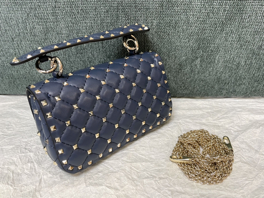 Valentino Rockstud Spike Calfskin Shoulder Bag Navy Blue