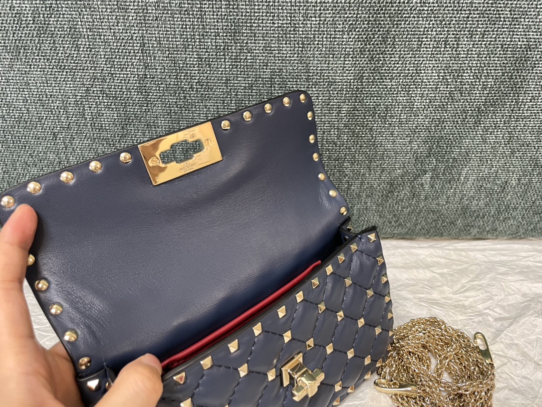 Valentino Rockstud Spike Calfskin Shoulder Bag Navy Blue