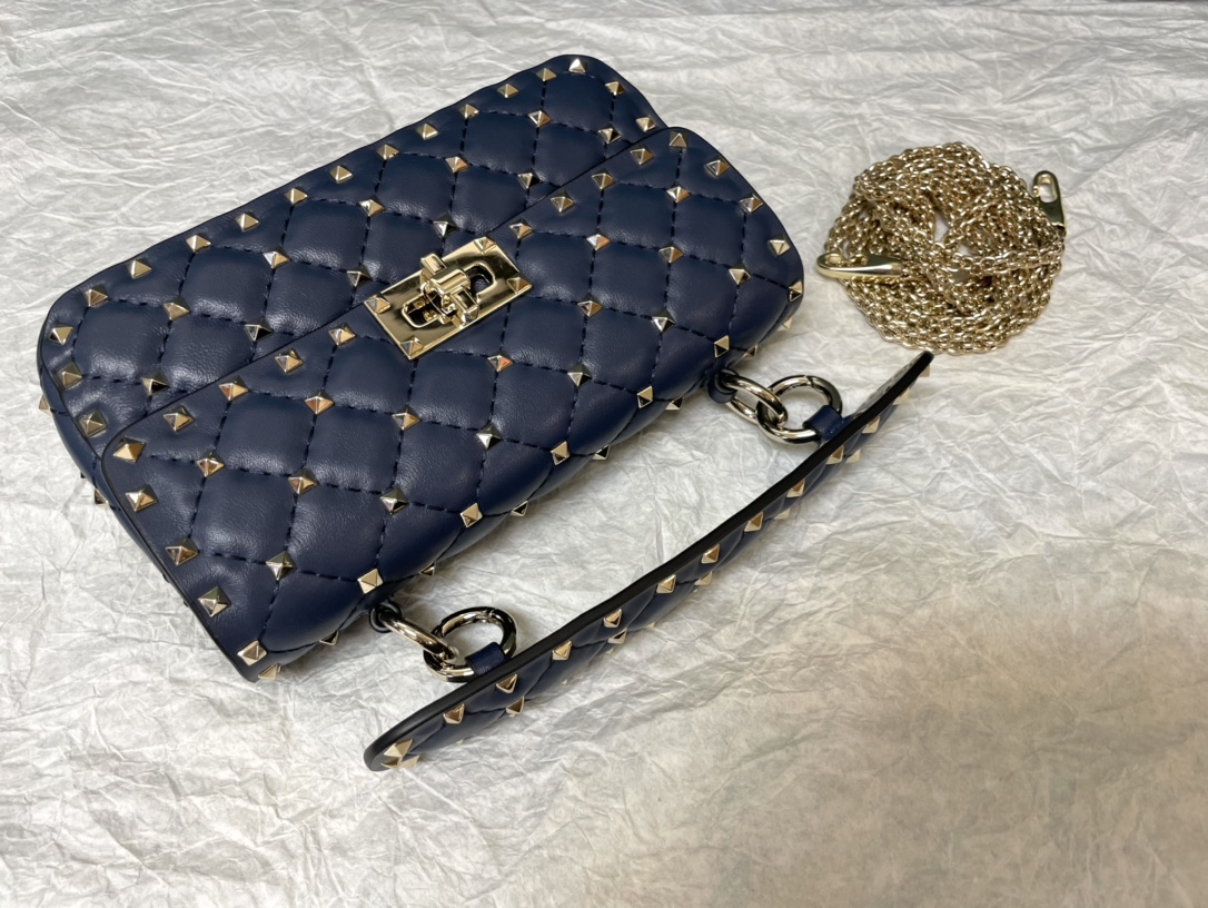 Valentino Rockstud Spike Calfskin Shoulder Bag Navy Blue