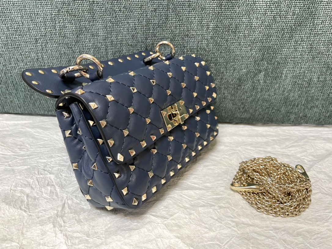 Valentino Rockstud Spike Calfskin Shoulder Bag Navy Blue