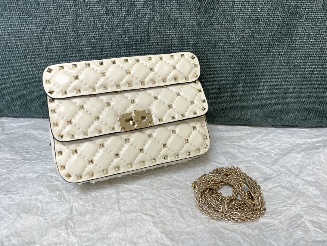 Valentino Rockstud Spike Calfskin Shoulder Bag White