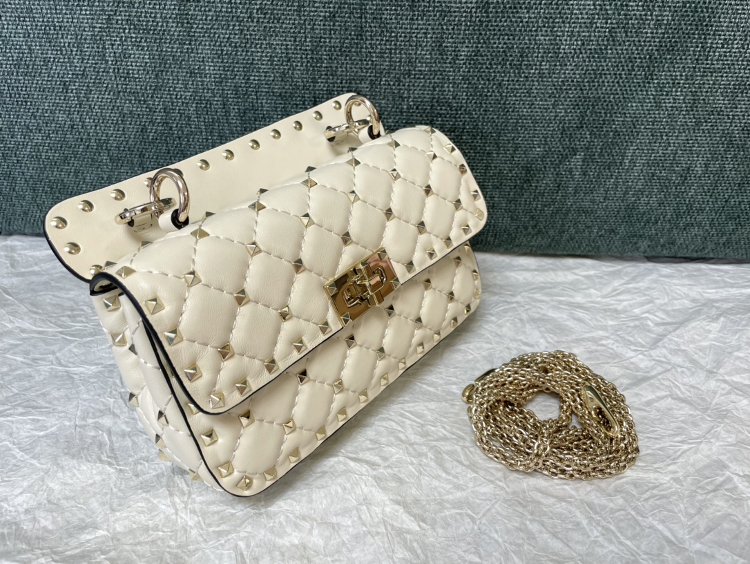 Valentino Rockstud Spike Calfskin Shoulder Bag White