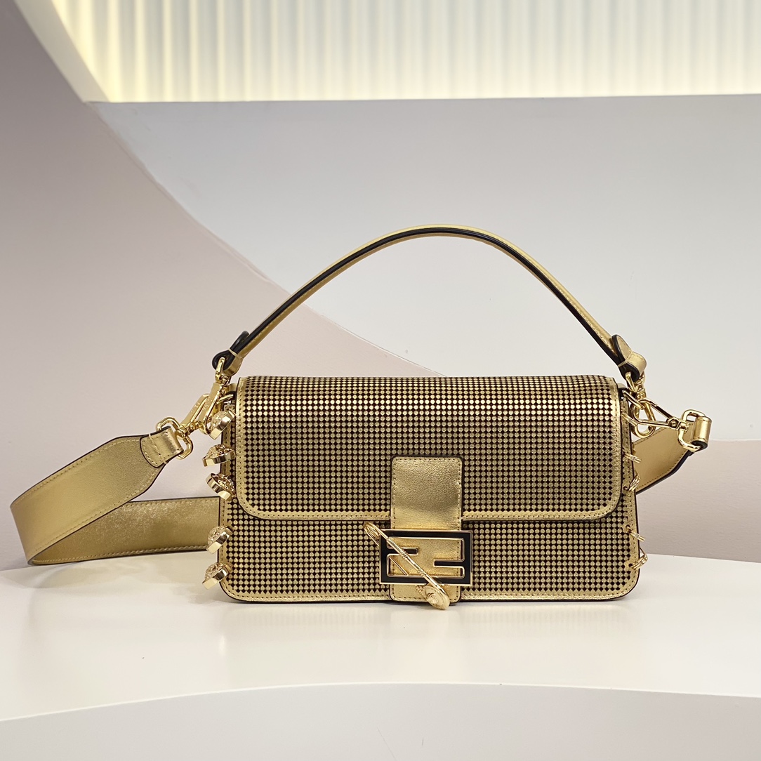 Versace by Fendi Brooch Mini Baguette Fendace Bag in Gold Perforated Leather