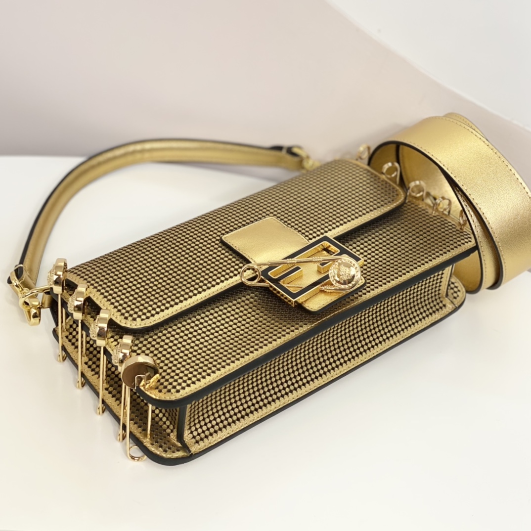 Versace by Fendi Brooch Mini Baguette Fendace Bag in Gold Perforated Leather