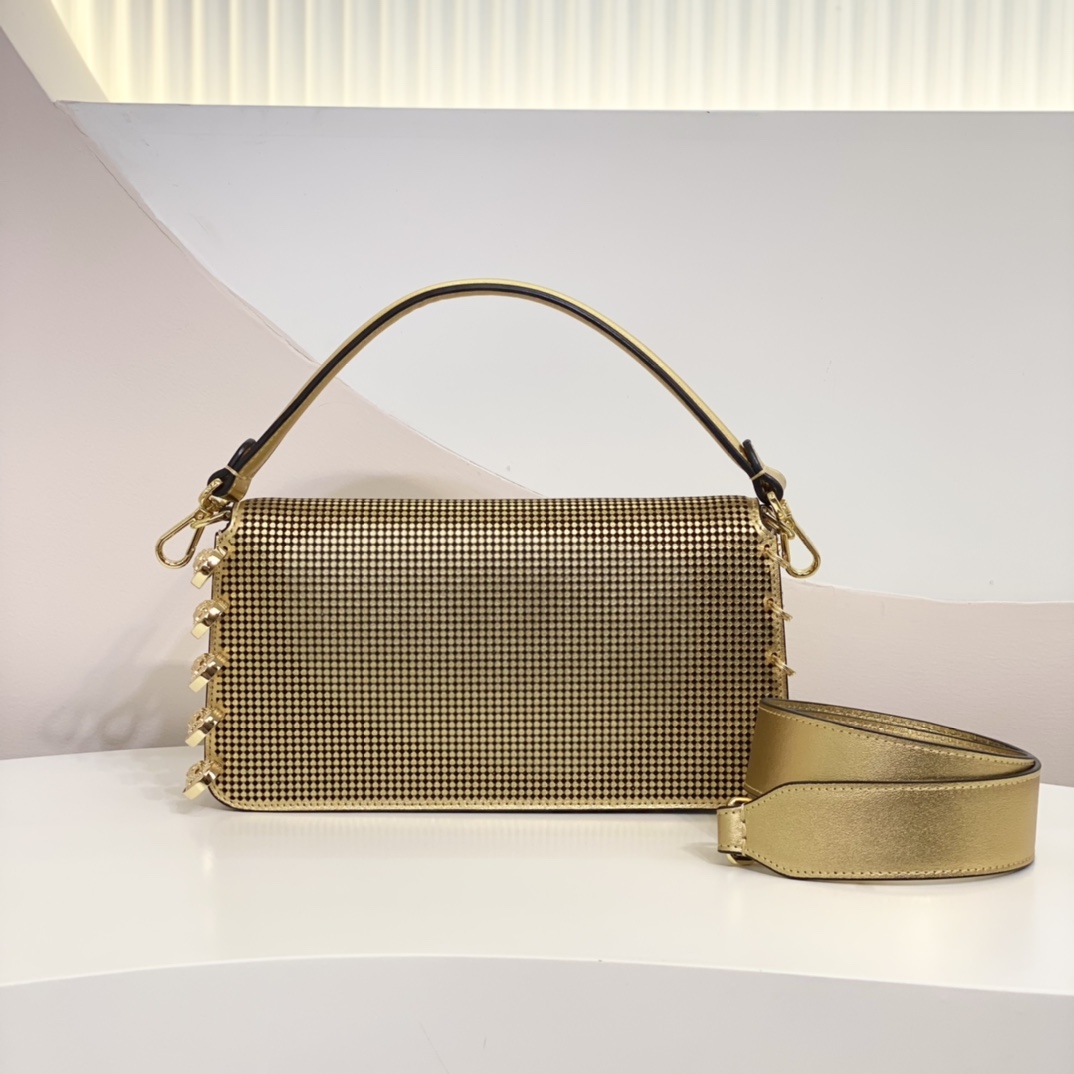 Versace by Fendi Brooch Mini Baguette Fendace Bag in Gold Perforated Leather