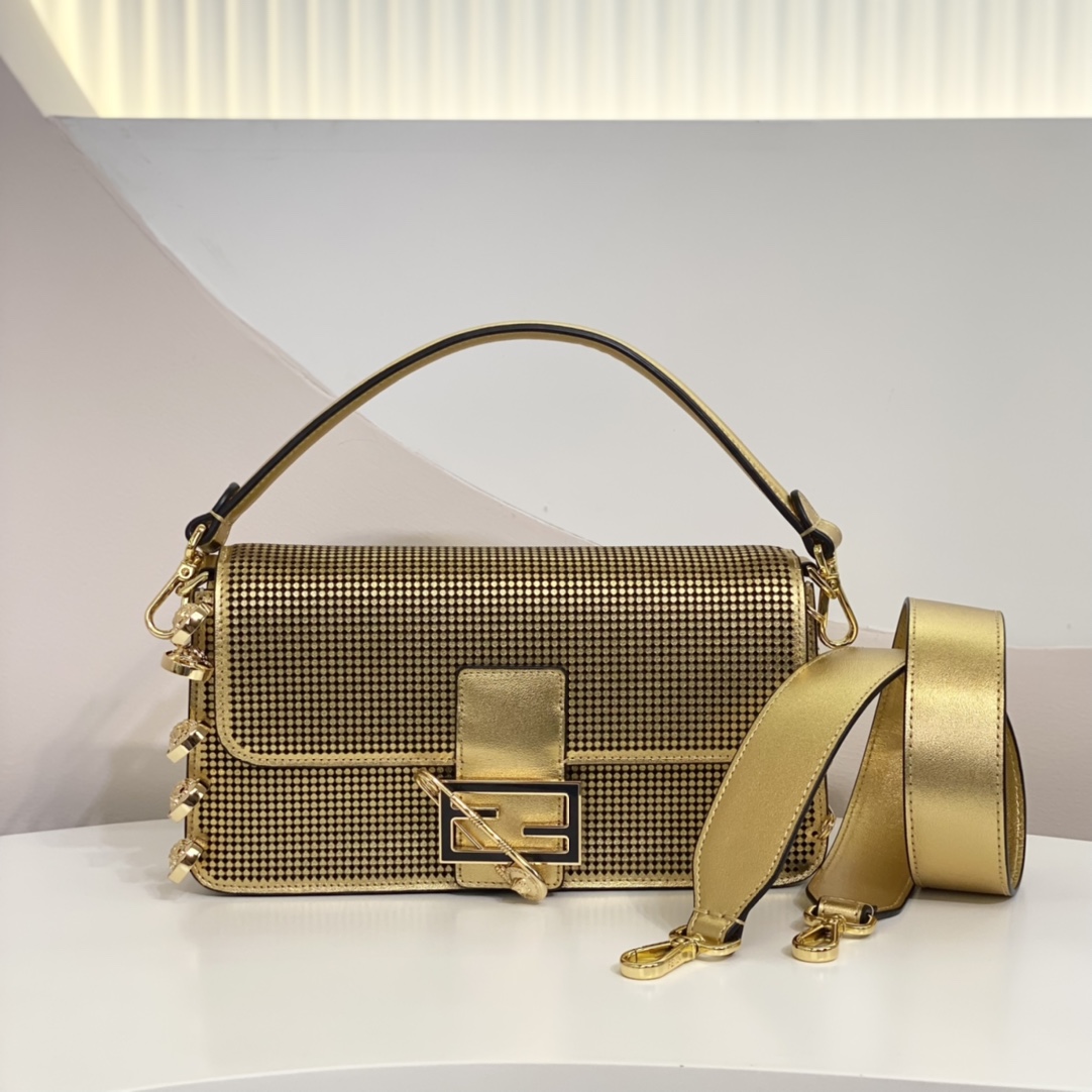 Versace by Fendi Brooch Mini Baguette Fendace Bag in Gold Perforated Leather