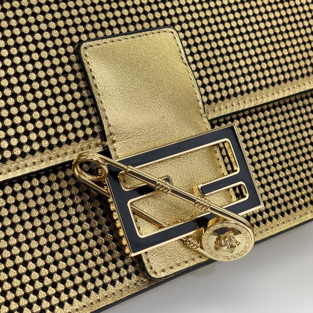 Versace by Fendi Brooch Mini Baguette Fendace Bag in Gold Perforated Leather