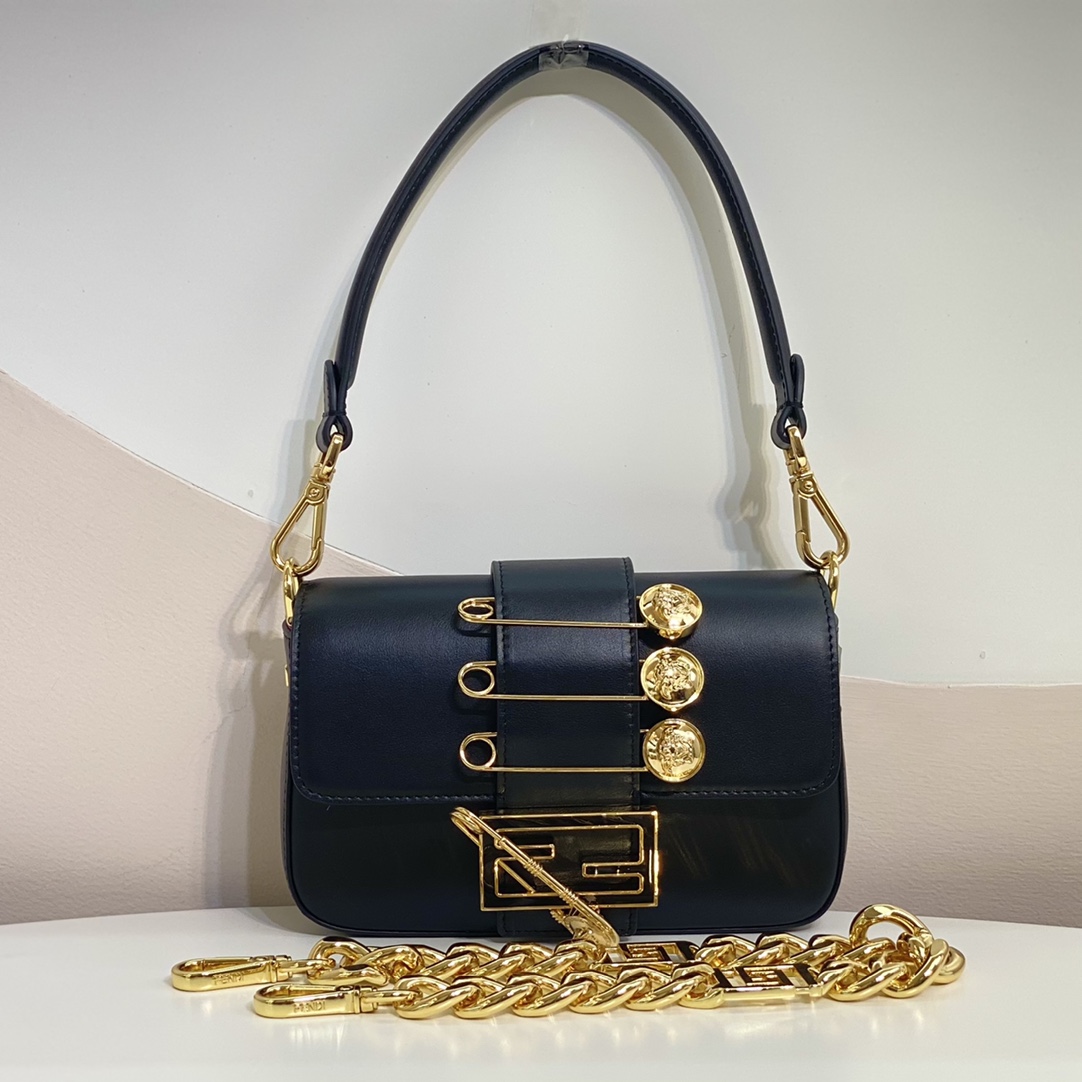 Versace by Fendi Brooch Mini Baguette Fendace Black Leather Bag