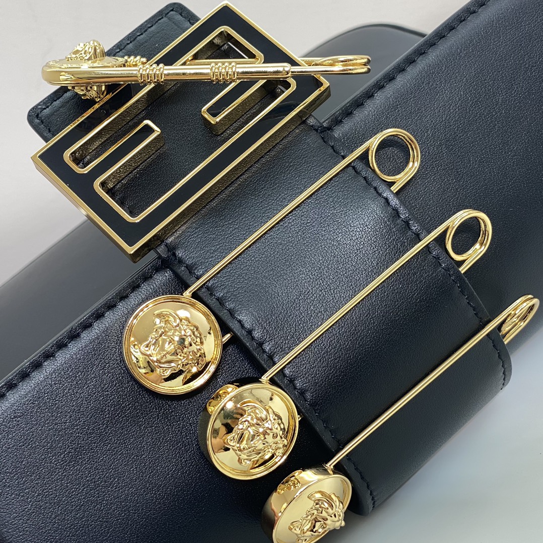 Versace by Fendi Brooch Mini Baguette Fendace Black Leather Bag