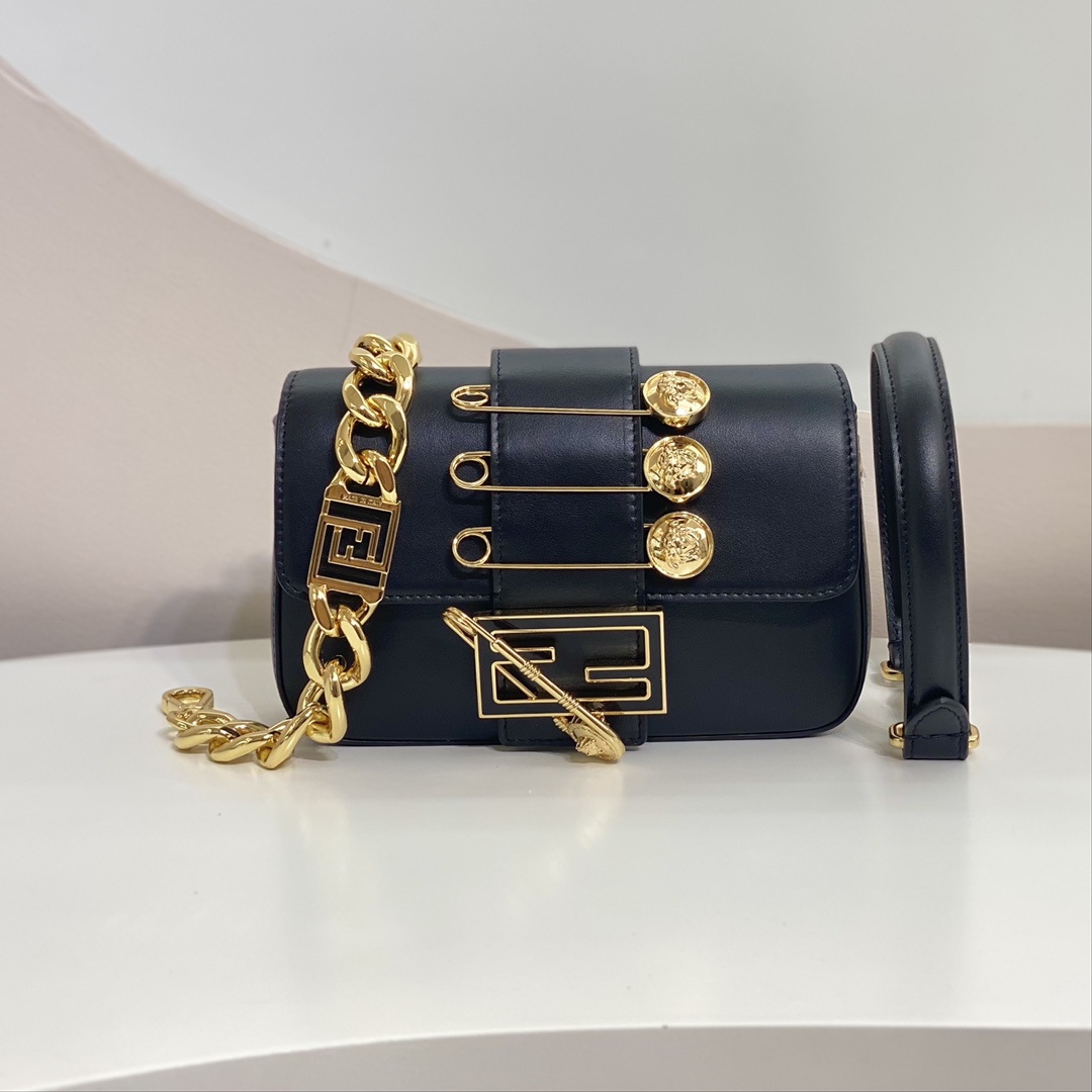 Versace by Fendi Brooch Mini Baguette Fendace Black Leather Bag