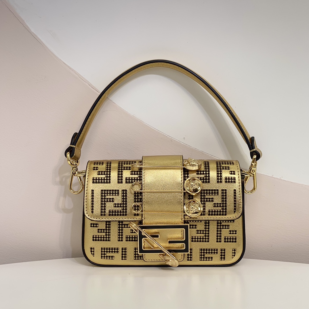 Versace by Fendi Brooch Mini Baguette Fendace Gold Leather Bag