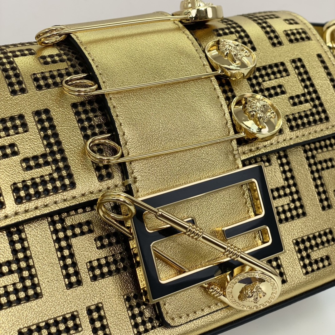 Versace by Fendi Brooch Mini Baguette Fendace Gold Leather Bag