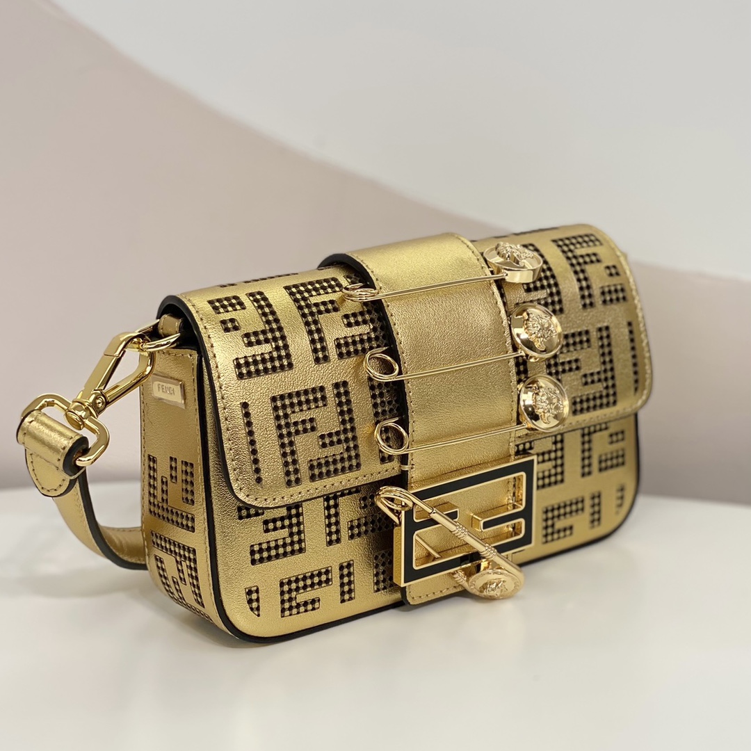 Versace by Fendi Brooch Mini Baguette Fendace Gold Leather Bag