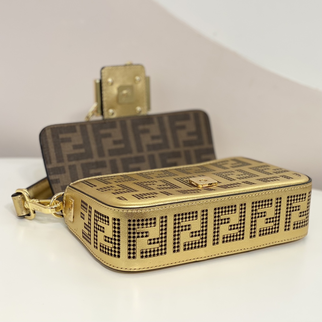 Versace by Fendi Brooch Mini Baguette Fendace Gold Leather Bag