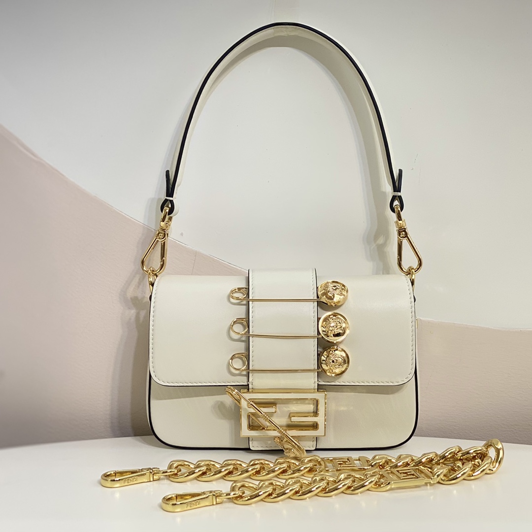 Versace by Fendi Brooch Mini Baguette Fendace White Leather Bag