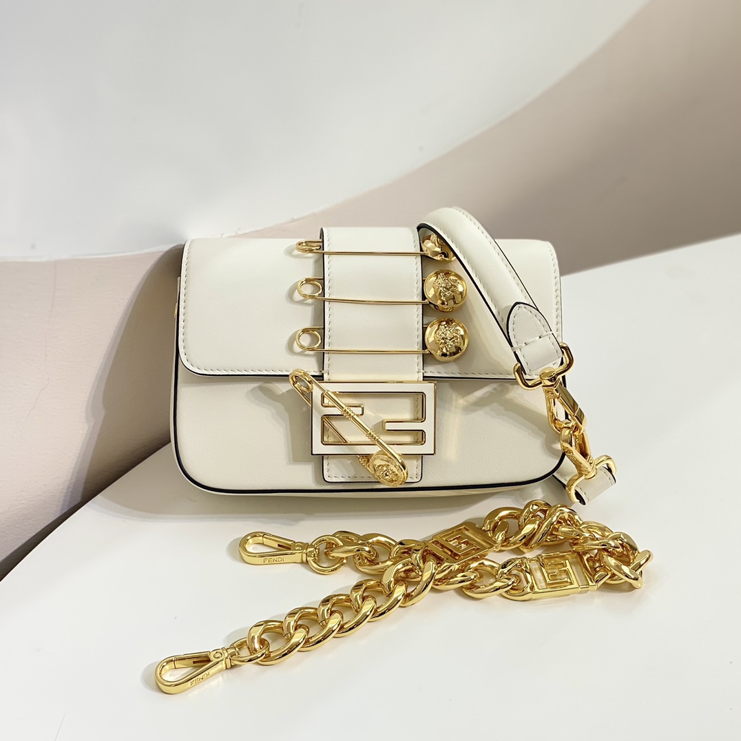 Versace by Fendi Brooch Mini Baguette Fendace White Leather Bag