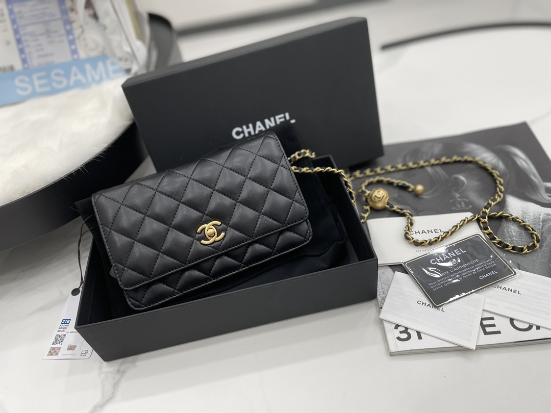 Vintage Chanel AP1450 Wallet on Chain Black Leather With Gold-Tone Metal Ball Price Online Replica