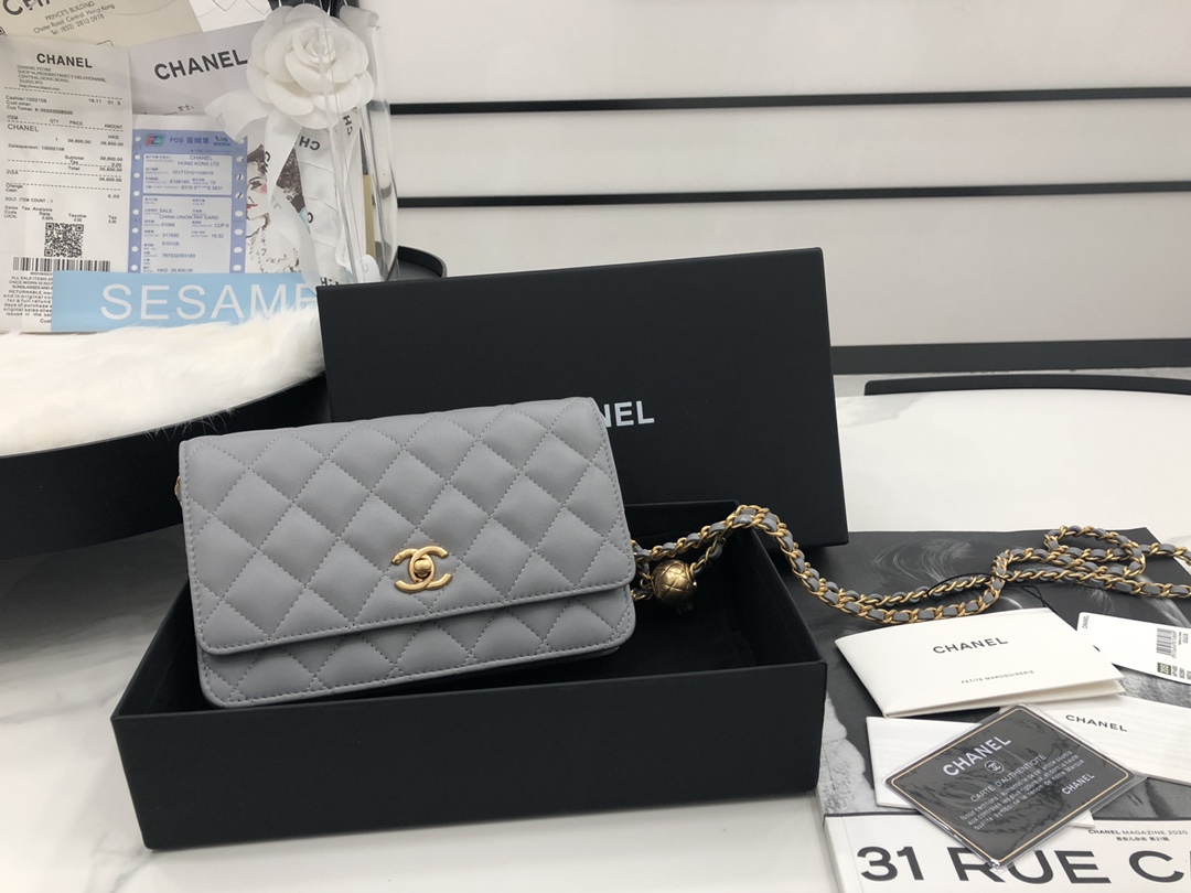 Vintage Chanel AP1450 Wallet on Chain Gray Leather With Gold-Tone Metal Ball Price Online Replica