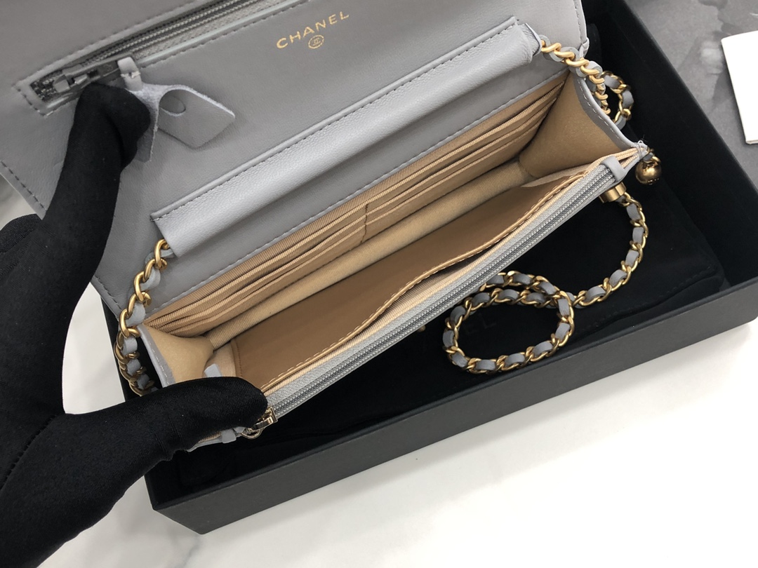 Vintage Chanel AP1450 Wallet on Chain Gray Leather With Gold-Tone Metal Ball Price Online Replica