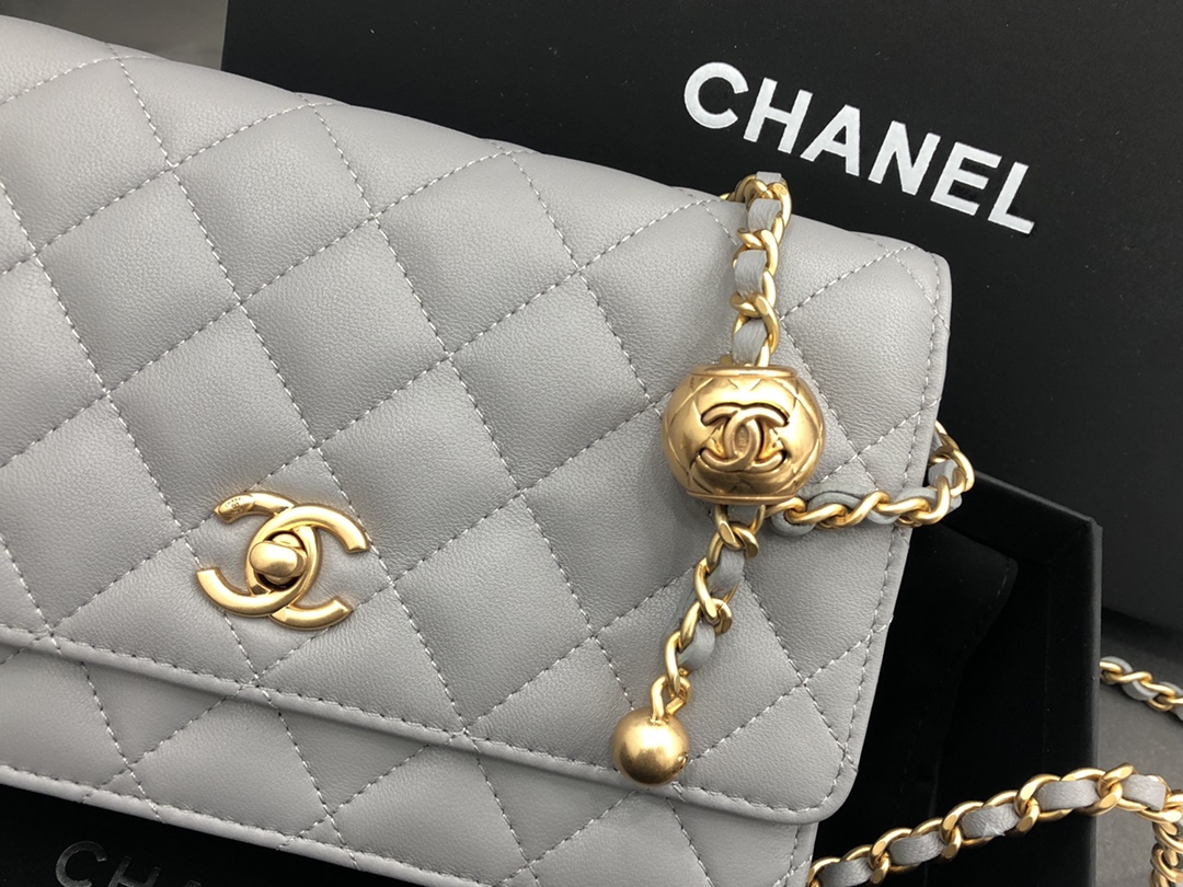 Vintage Chanel AP1450 Wallet on Chain Gray Leather With Gold-Tone Metal Ball Price Online Replica