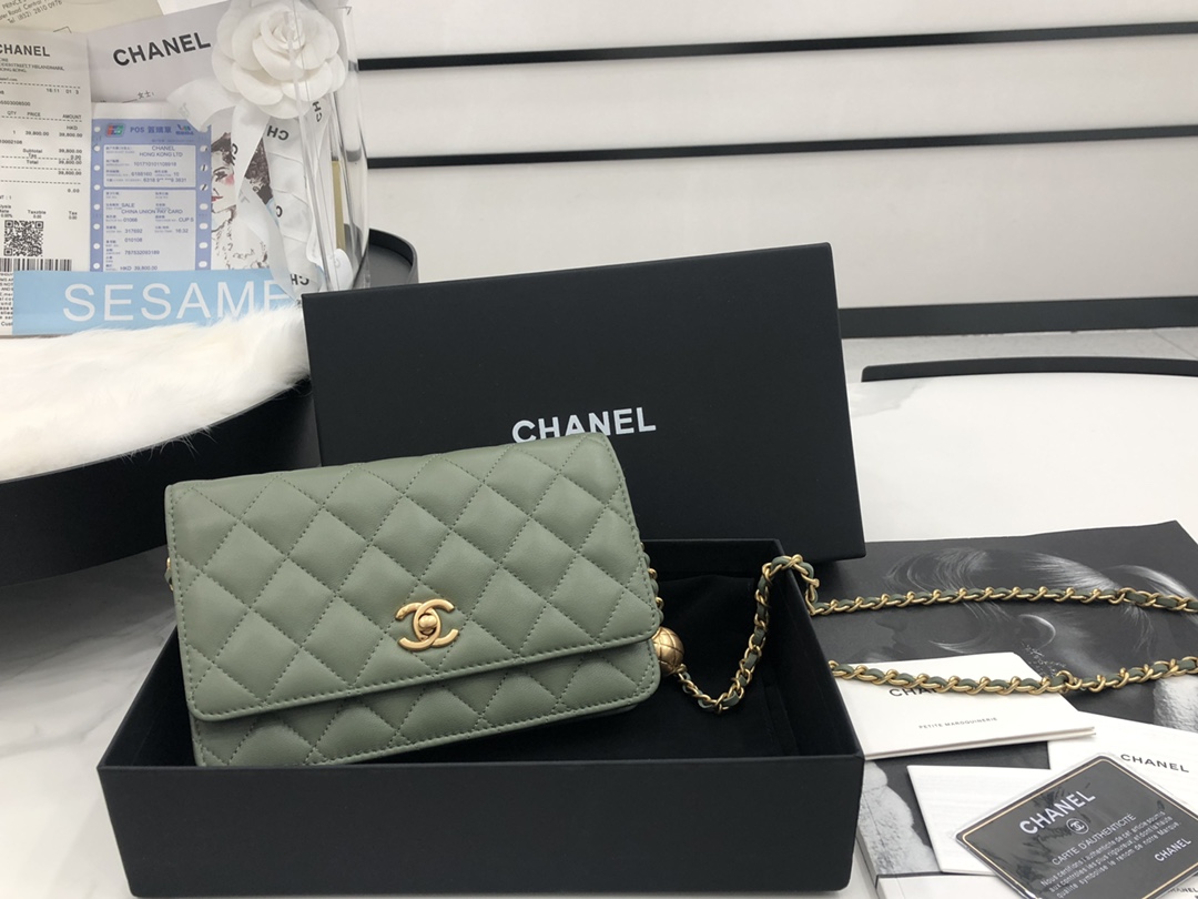 Vintage Chanel AP1450 Wallet on Chain Green Leather With Gold-Tone Metal Ball Price Online Replica