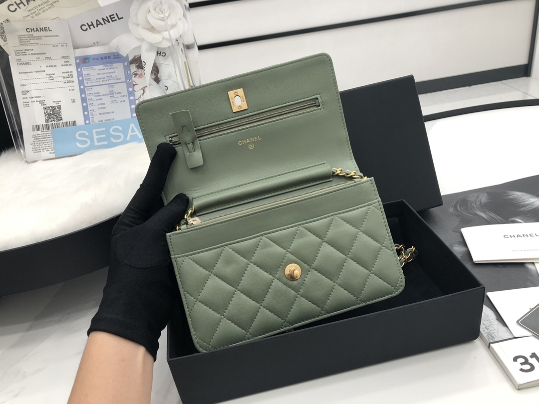 Vintage Chanel AP1450 Wallet on Chain Green Leather With Gold-Tone Metal Ball Price Online Replica